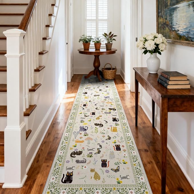 Washable 2x10 Hallway Runner Rug: Non Slip Soft Long Low Pile Animal Cat Print - Image 2
