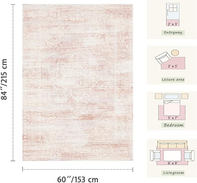 Latte&Fog Pink 4x6 Area Rug for Entryway, Vintage Washable Cute Small Rugs for - Image 2