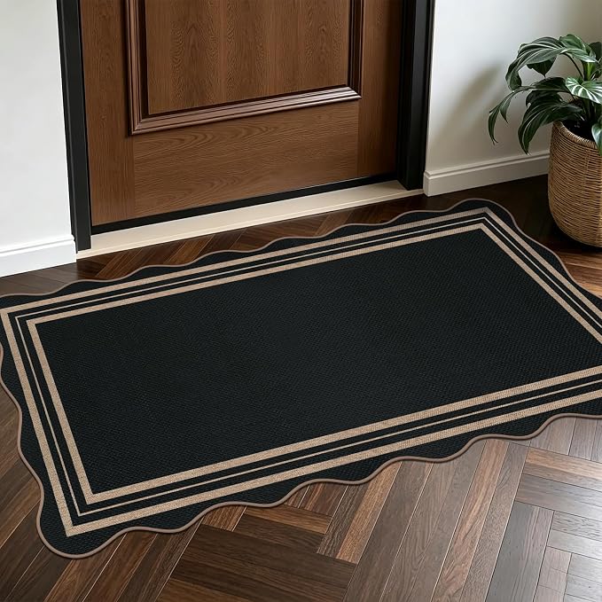 Scalloped Easy Jute Black Rug, 2x4 Front Door Washable Door Mat Non Slip Small - Image 7