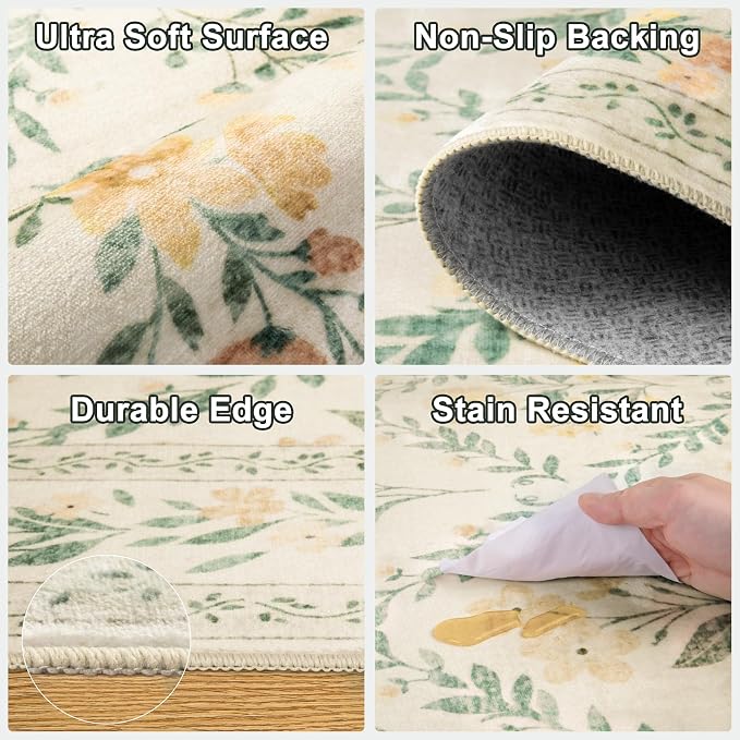 Area Rugs 9x12 Living Room: Floral Washable Rug Vintage Large Soft Boho - Image 6