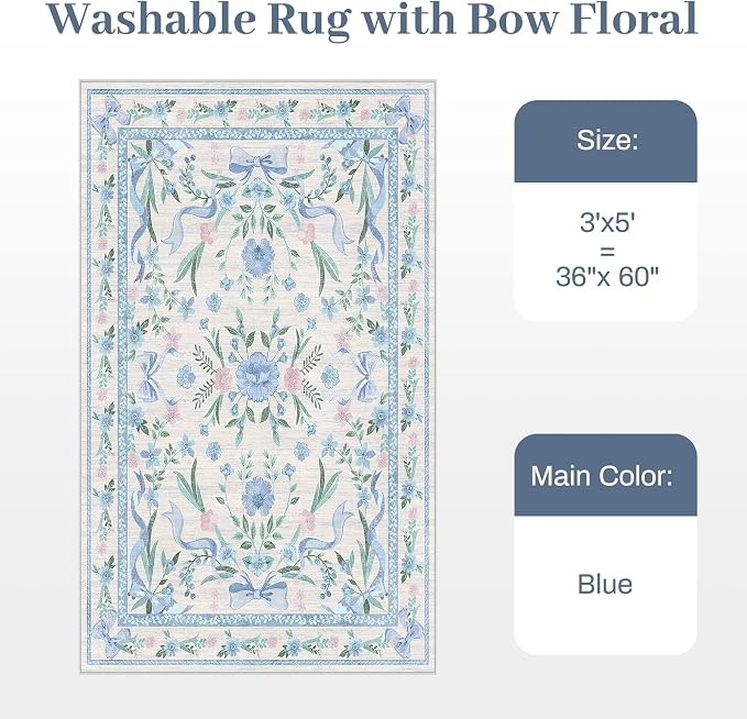 Blue Floral Rug 3x5 for Girls Bedroom or Nursery, Cute Bow Washable Area Rug - Image 9