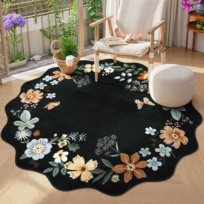 Lahome Floral Washable Round Rugs, Non-Slip Soft Round Rug 4ft Ultra-Thin by Lahome