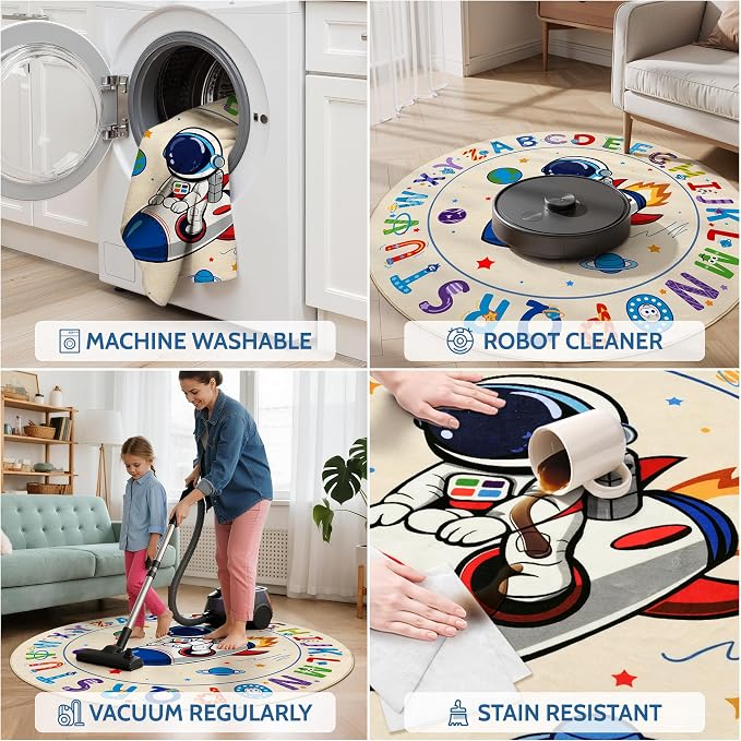 Astronaut Space Kids Round Rug 5ft, Washable Alphabet ABC Circle Carpet - Image 6