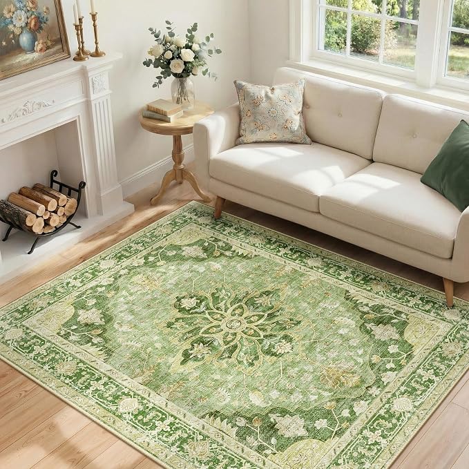 RELEANY Area Rugs 4'x5' Washable Non-Slip, Floral Vintage Distress Medallion by RELEANY