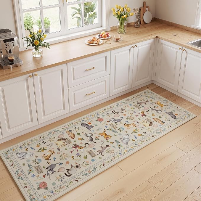 Unirea 2x6 Beige Cat Runner Rug, Washable Non Slip Botanical Rug - Image 6