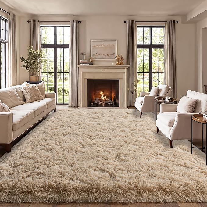 qulint Large Area Rug for Living Room 10x14, Soft Fluffy Tan Area Rug for by QULINT