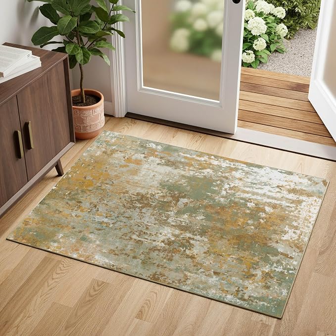 Entryway Rug 2x3 Green Door Mat Indoor Entrance 24x36, Washable Small Throw Rugs by Acapet
