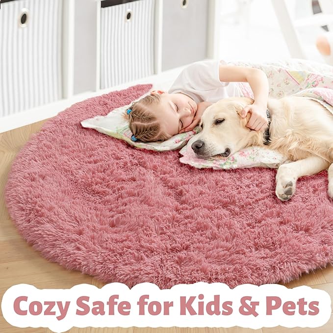 Blush Pink Big Round Rug 8Ft for Kids Bedroom, Large Fluffy Fuzzy Furry Circle - Image 2