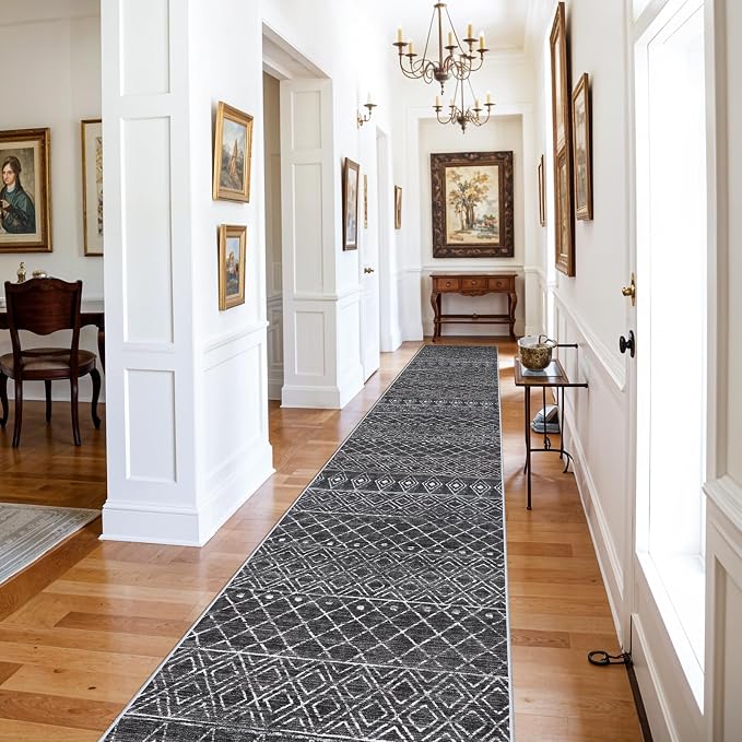 Black Moroccan Washable 3x16 Long Hallway Runner Rug | Soft Low Pile Thin - Image 3