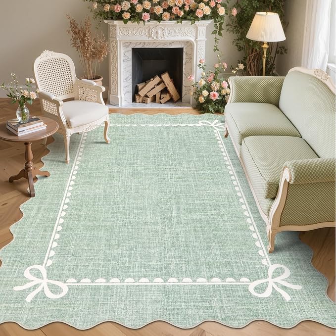 GarveeHome Scalloped Bow Rug for Living Room, Sage Green Rug for Dorm, Washable by GarveeHome