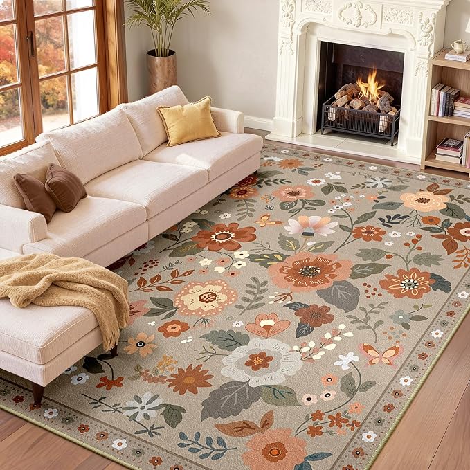 RELEANY Floral 9x12 Area Rugs Washable Print Boho Cute Carpet Non Slip Flower by RELEANY