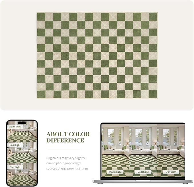 Washable Green Checkered Rug 5x7, Non-Slip Low Pile Area Rug - Image 9