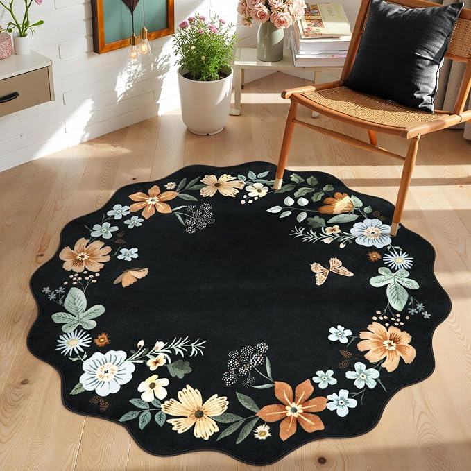 Lahome Floral Round Area Rugs, Washable Small Round Rug 3ft Non-Slip, Soft Boho by Lahome