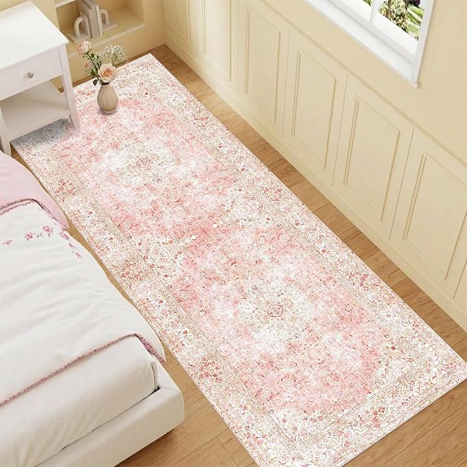 Latte&Fog 2.6x8 Washable Hallway Runner Pink Rug, Non Slip Runner Rugs - Image 3