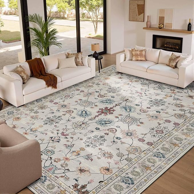 Rugxara 9x12 Rugs for Living Room & Bedroom, Floral Washable Rug, Boho Area Rug - Image 4