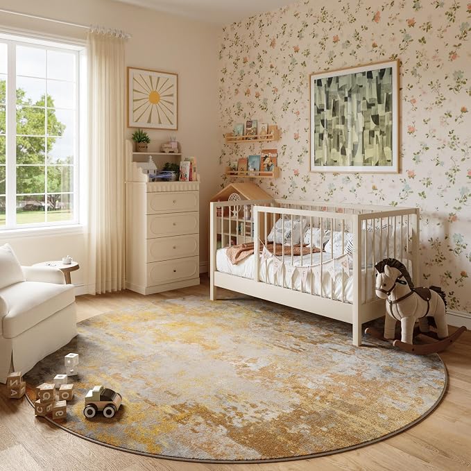 Beige Gold Round Area Rugs 4ft Washable Circle Rug - Image 9