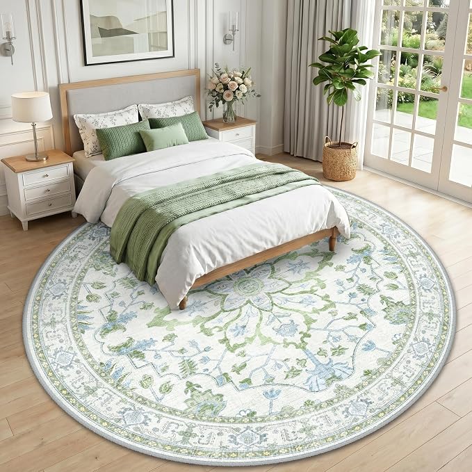 RELEANY Area Rugs Round 10ft Washable Non-Slip, Floral Vintage Distress - Image 2