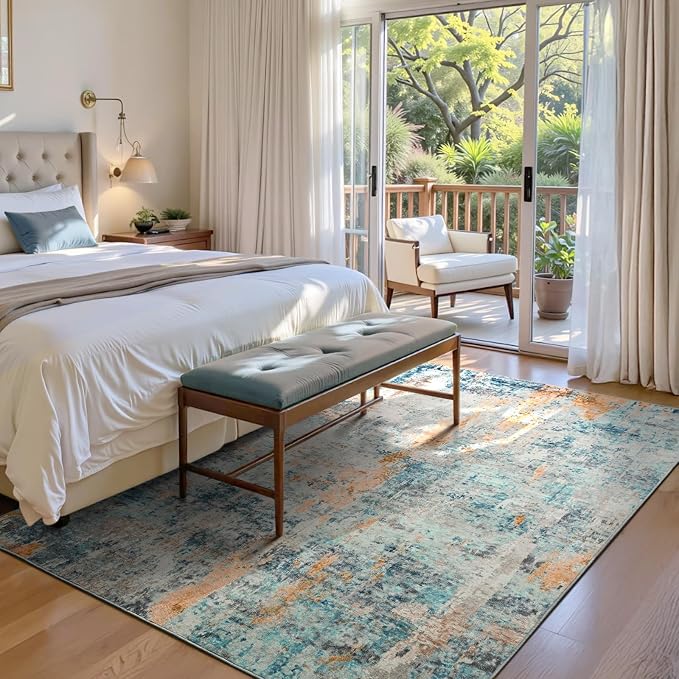 Area Rug 4x6 Blue Rug Washable Boho Rugs Non Slip Low Pile Abstract Small Carpet - Image 3