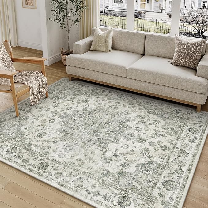 5x7 Washable Neutral Area Rug Green Vintage Living Room Bedroom Carpet Non-Slip by WondRg