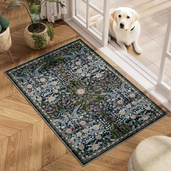 AMTOVO 2x3 Washable Entryway Area Rug Door Mat, Vintage Boho Floral Distressed - Image 2
