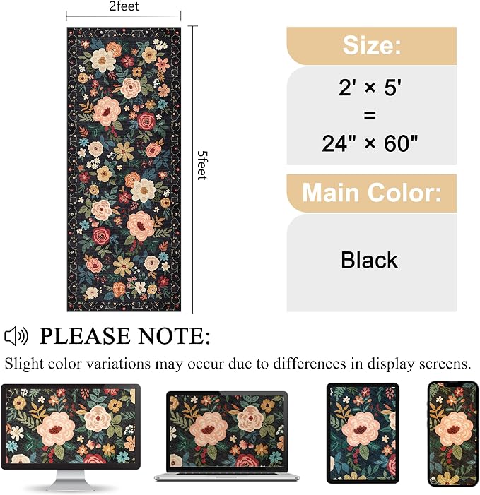 DUKINO 2x5 Runner Rug for Hallway, Washable Kitchen Floral Runner Rug - Image 2