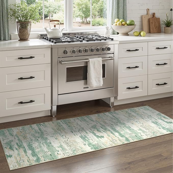 DCX Abstract 2x6 Runner Rug, Washable Sage Green Modern Rug by DCXWashableRug