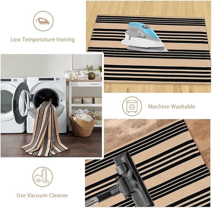 Striped Outdoor Front Door Mat 24"x51", Cotton Hand Woven Washable Black and - Image 4