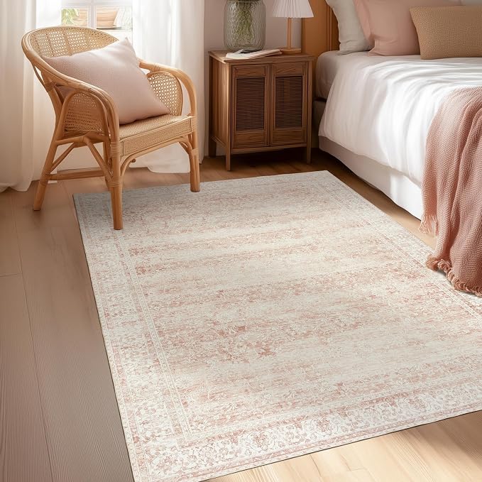 BILEEHOME Vintage Pink Rug 4x6 Washable Non Slip Floral Aesthetic Indoor Rugs - Image 9