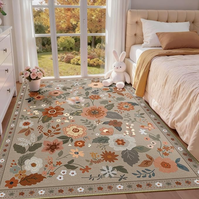 RELEANY Floral 3x5 Area Rugs Washable Print Boho Cute Carpet Non Slip Flower by RELEANY