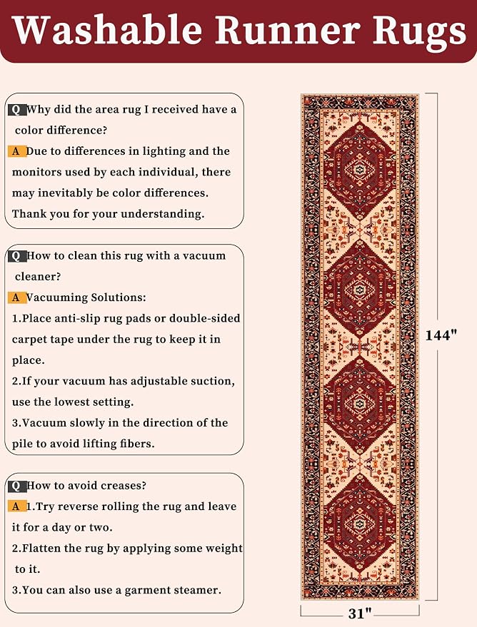 SERISSA Runner Rug for Hallways, Extra Long Boho Rug Ultra Soft Vintage Red - Image 6