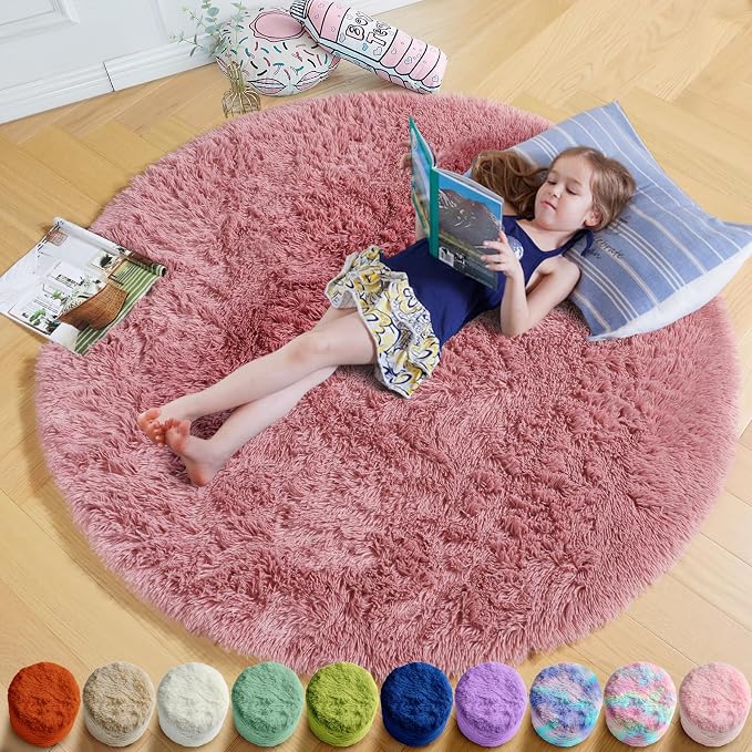 Amdrebio Blush Fluffy Round Rug 4Ft by Amdrebio