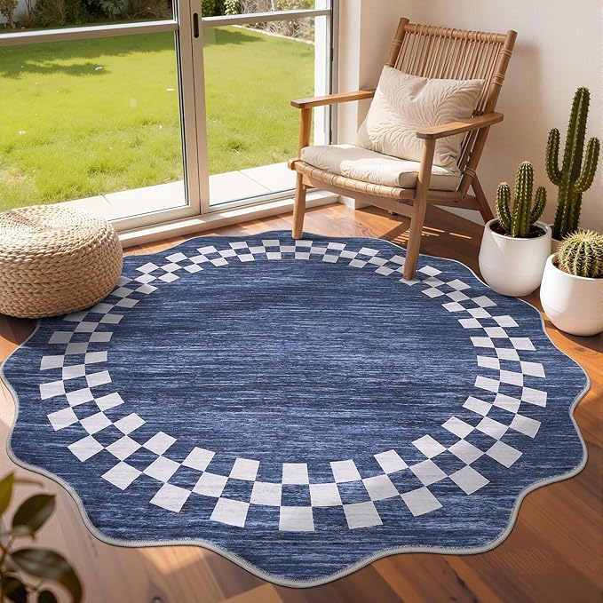 GarveeHome Scalloped Round Rug 4ft Modern Solid Color Circle Rugs Non Slip Low by GarveeHome