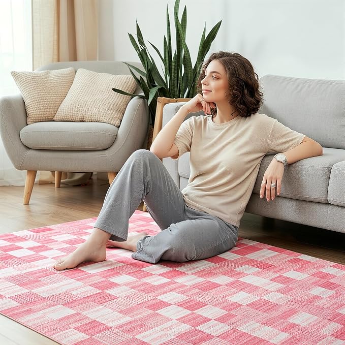 Terrug Pink Runner Rugs for Kitchen, 2x6 Checkered Area Rug Washable - Image 5