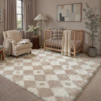 PureCozy Checkered Rug 5x7 Fluffy Shag Living Room Beige Area Rug Modern - Image 3