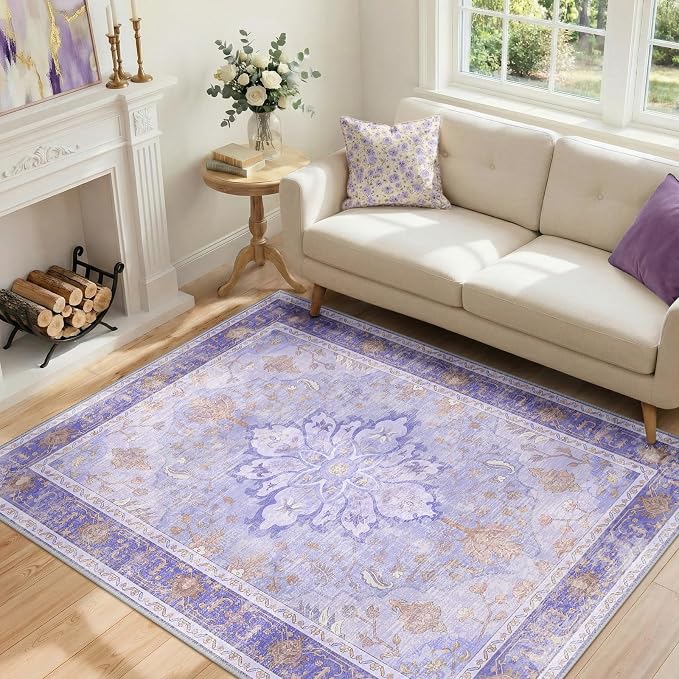 RELEANY Area Rugs 4'x6' Washable Non-Slip, Floral Vintage Distress Medallion by RELEANY
