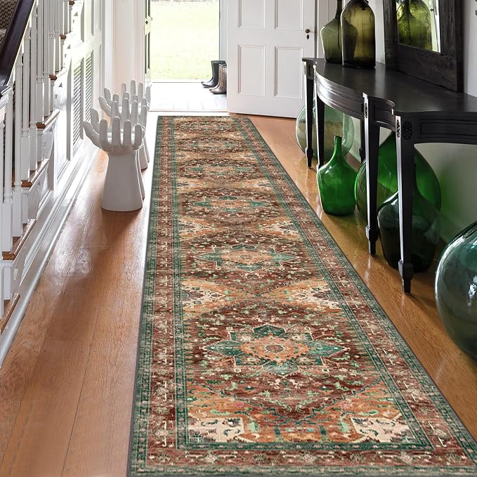Yamaziot Washable Runner Rug, Stain Resistant & Low Pile Faux Wool Distressed by Yamaziot