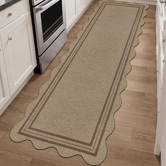 Scalloped Easy Jute 2.6x8 Kitchen Runner Rug, Washable Rugs by LORWER