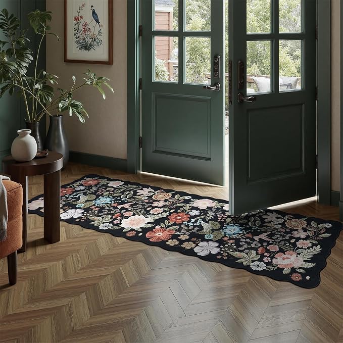 DCX Black Floral Rug 2x6, Washable Black Rug - Image 2