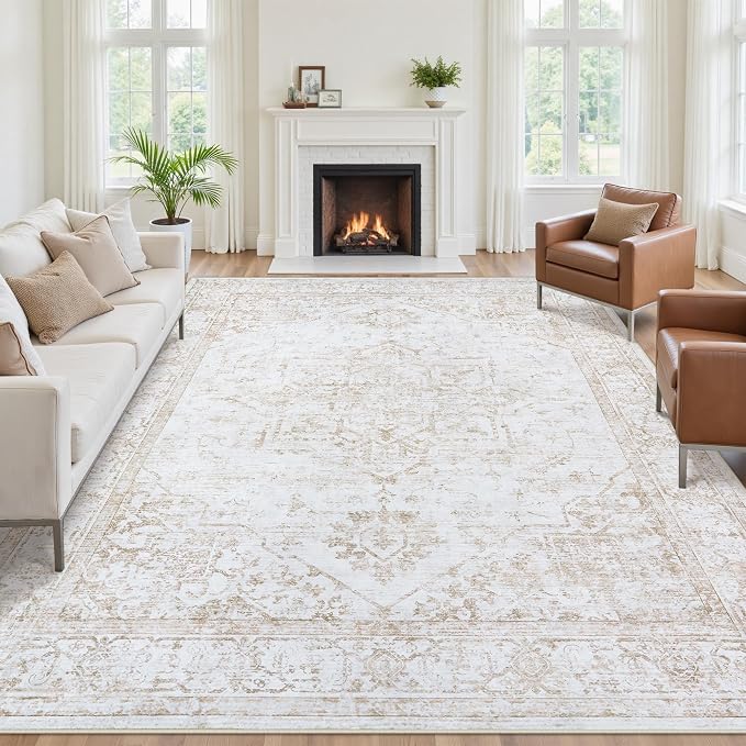 8x10 Area Rugs for Living Room:Beige Washable Vintage Medallion Rug Non-Slip - Image 3