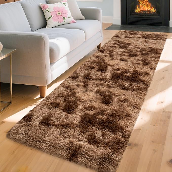 2x8 ft Plush Brown Tie Dye Rug Runner High Pile Fluffy Soft Bedside Rug Fuzzy - Image 3