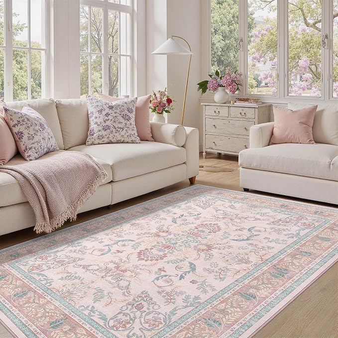 DCX 4x6 Pink Vintage Floral Rug, Machine Washable Non Slip Low Pile Carpet - Image 9
