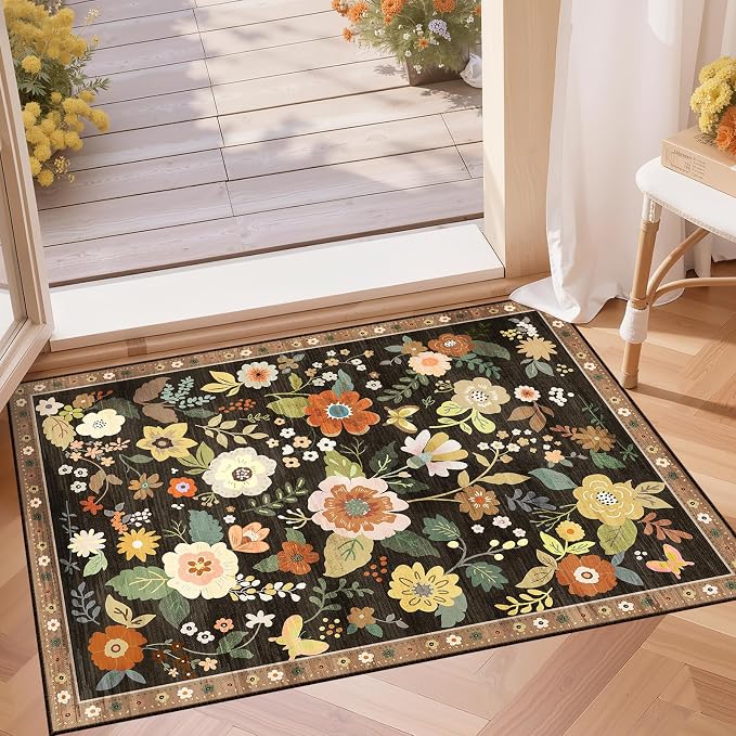 RELEANY Floral 2x3 Area Rugs Washable Print Boho Cute Carpet Non Slip Flower by RELEANY