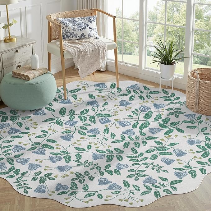 DCX Washable Botanical Floral 5x5 Roung Rug, Non Slip Low Pile Carpet - Image 2