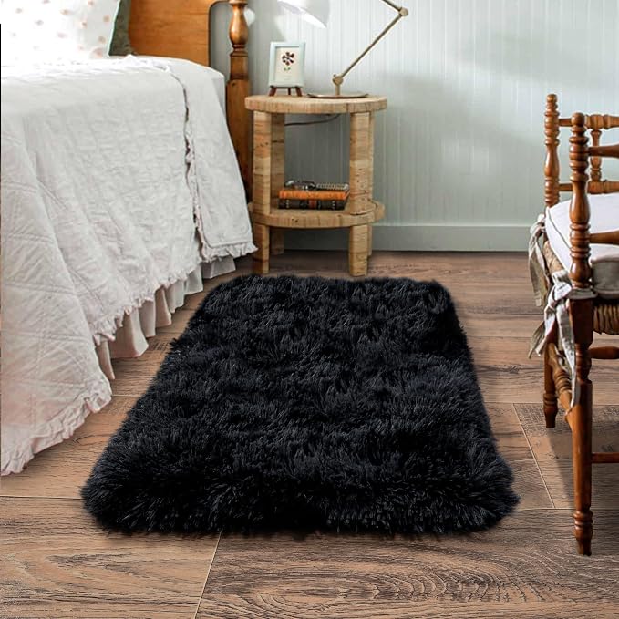 Small Black Area Rug, 2x3 Rug for Bedroom Shaggy Throw Rugs for Dorm Rug by Quntue