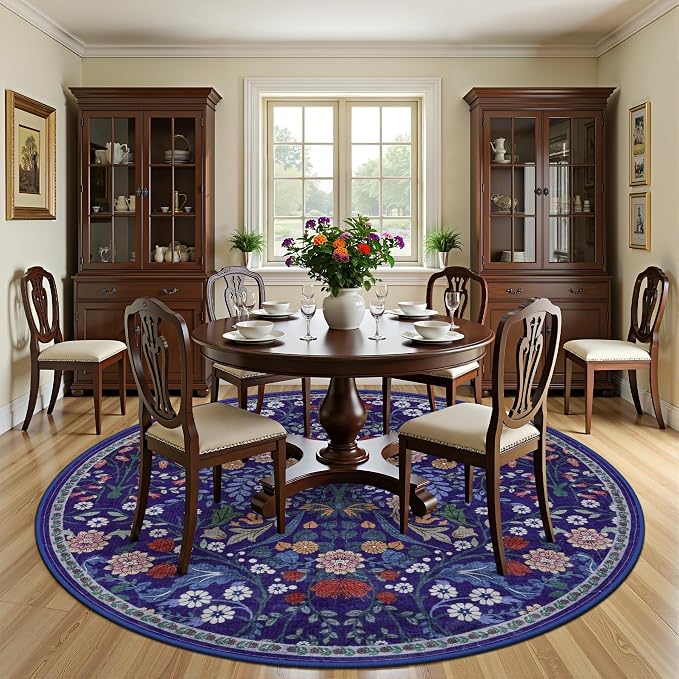 Round Area Rug for Living Room: 8 ft Floral Washable Circle Rug Soft Boho - Image 3