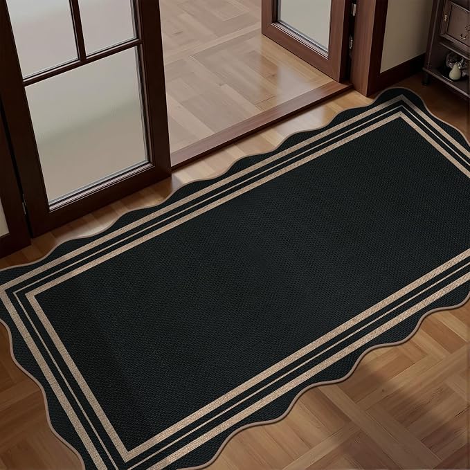 Scalloped Easy Jute Black Rug, 2x4 Front Door Washable Door Mat Non Slip Small by LORWER