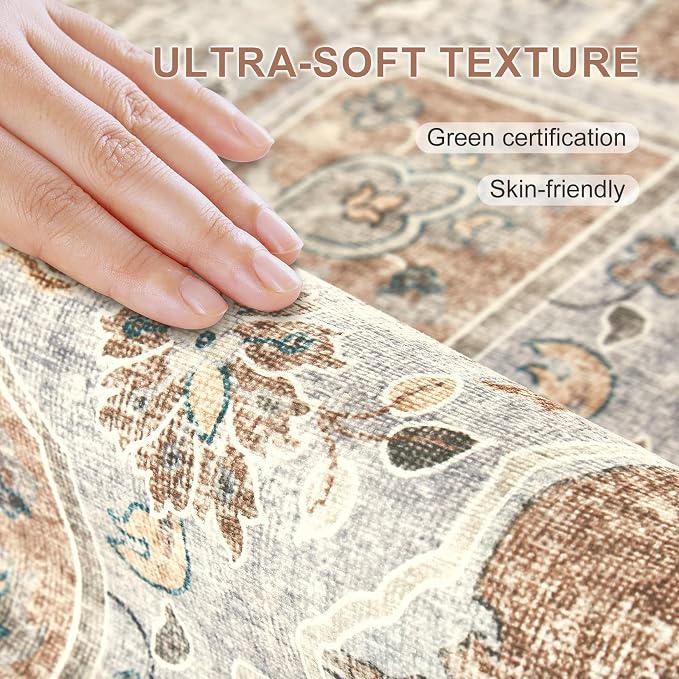 8x10 Washable Area Rug: Vintage Neutral Soft Non Slip Thin Large Floor Carpet - Image 5