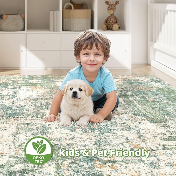 7x9 Area Rug Living Room: Washable Large Abstract Soft Green Rugs Stain - Image 8
