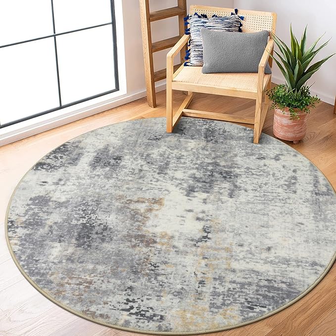 Lahome Modern Abstract Round Rug - 5Ft Grey Living Room Rugs Washable 5x5 by Lahome