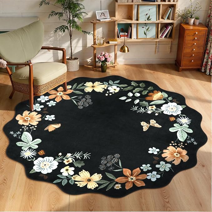 Lahome Floral Washable Round Area Rug, Soft Round Rugs 6ft Ultra-Thin Non-Slip by Lahome